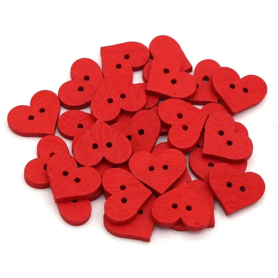 Botones 15 x 13 mm Corazón Rojo Madera 10 unid